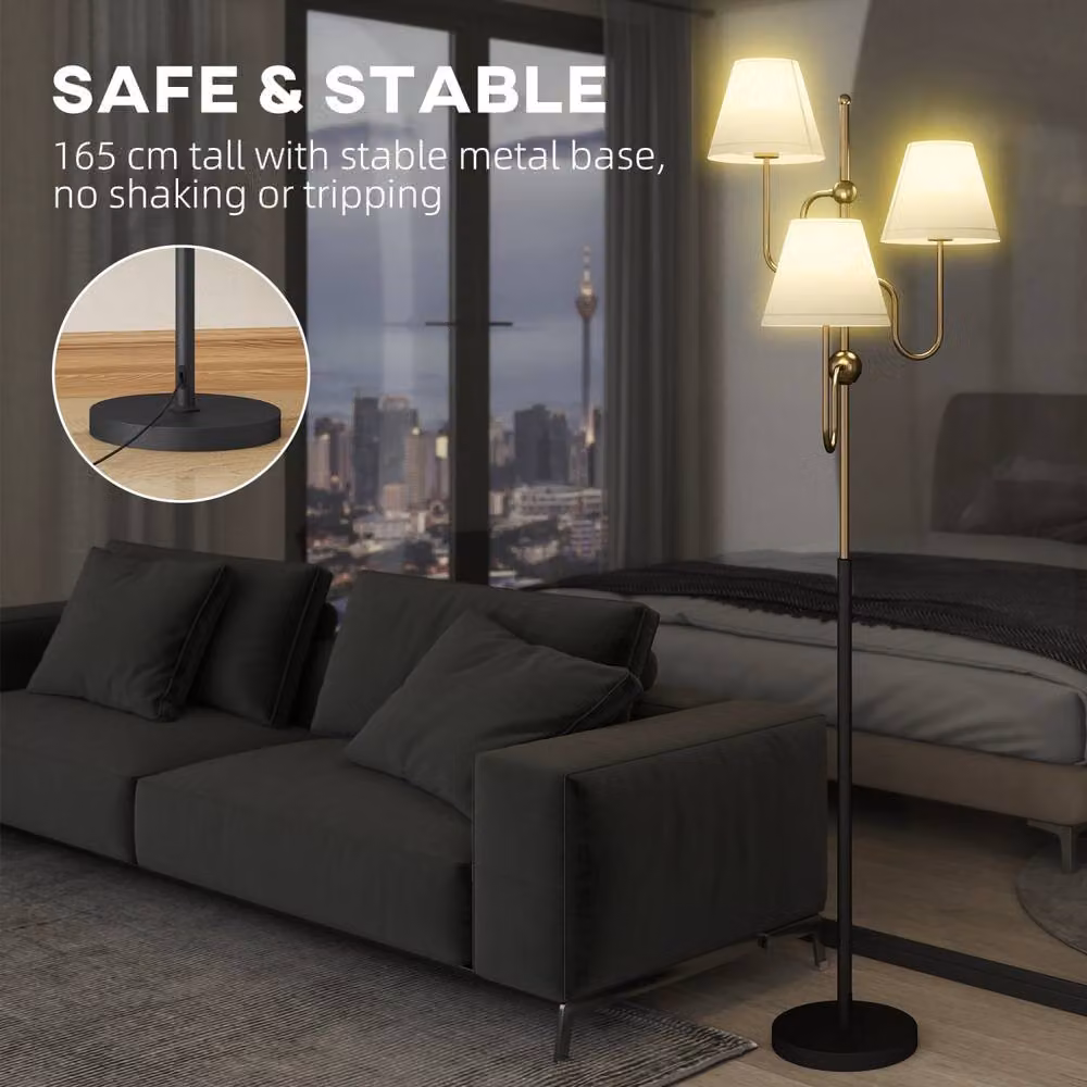 Wyld Haus Tora Metal Floor Lamp with 3 White Fabric Shades, Gold Tone, Height: 165 cm – 4