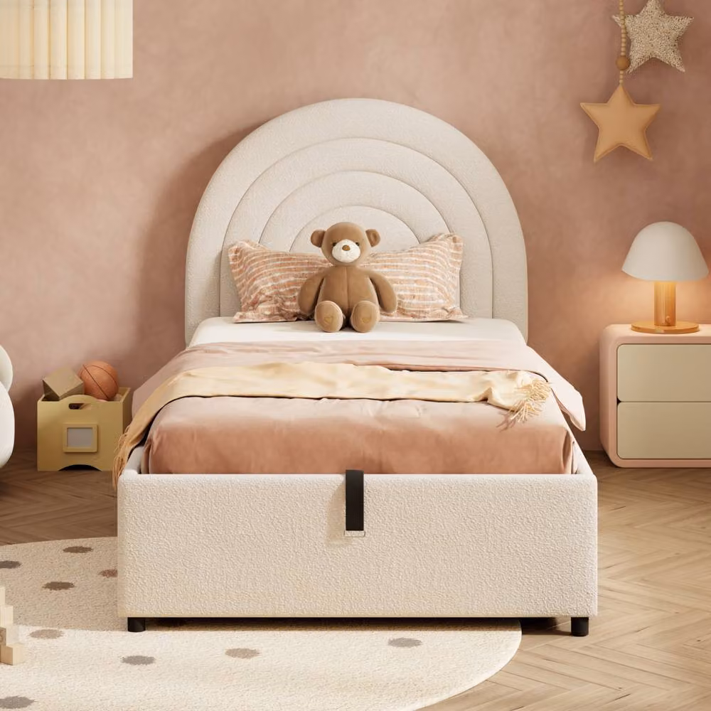 BTM Easy-Assembly Upholstered Velvet Bed with Headboard and Lift-Up Base, Beige, W/D/H: 90 x 190 x 95 cm – 2