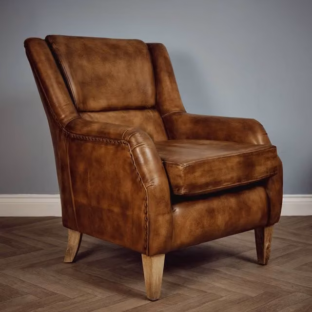 Elm Home and Garden Vintage Brown Leather Armchair with Solid Wood Frame