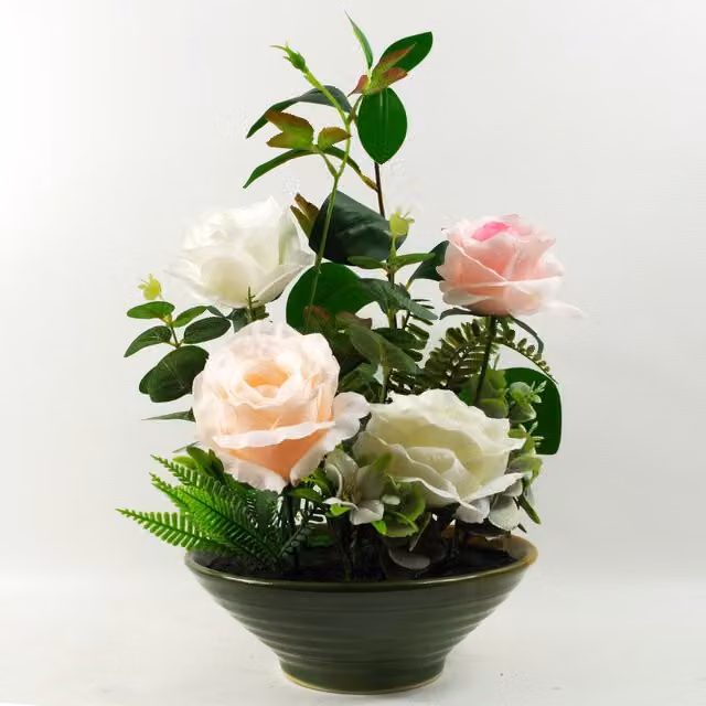 Mixed Pink and Multicolour Artificial Rose Bush Display in a Ceramic Tabletop Pot