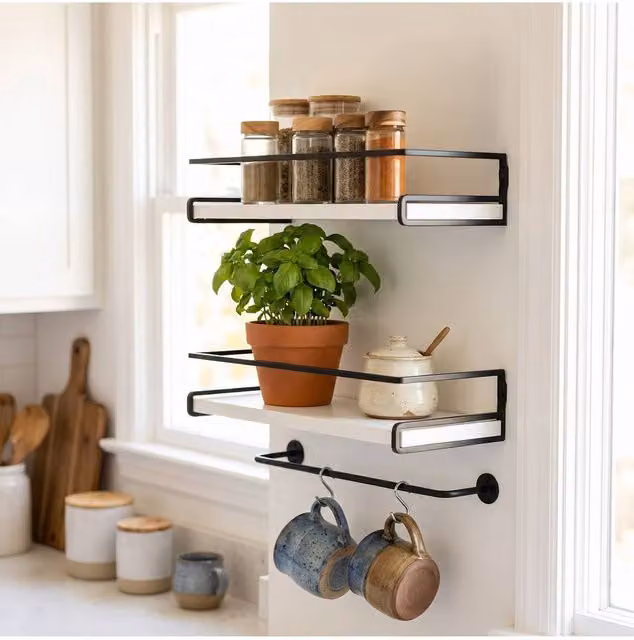 Living and Home Set of 2 White Wall-Mounted Floating Shelves with Adjustable Shelves and Hanging Rod