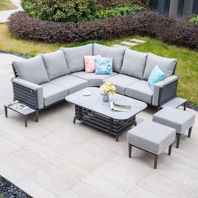 Mimo 7-Piece Modular L-Shape Corner Sofa Set with Coffee Table and Ottoman in Grey Powder Coated Aluminium