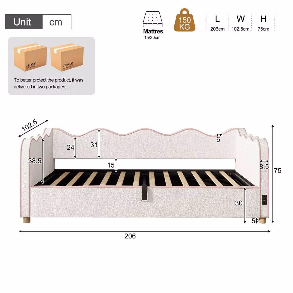 Rolipo Bouclé Upholstered Daybed in Beige with Hydraulic Lift-Up Storage and USB Charging Port, W/D/H: 140 x 200 cm – 1