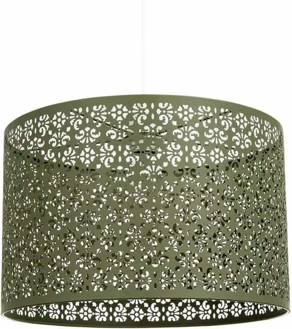 Happy Homewares Moroccan Designed Large Olive Green Metal Pendant Shade with Floral Decor, Diameter: 40 cm