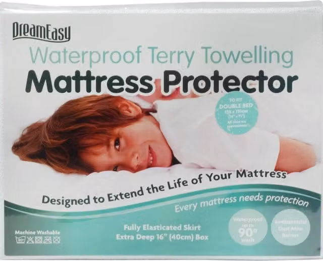 DreamEasy White Terry Waterproof Mattress Protector, Antibacterial and Mite Proof, W/D/H: 120 x 200 cm