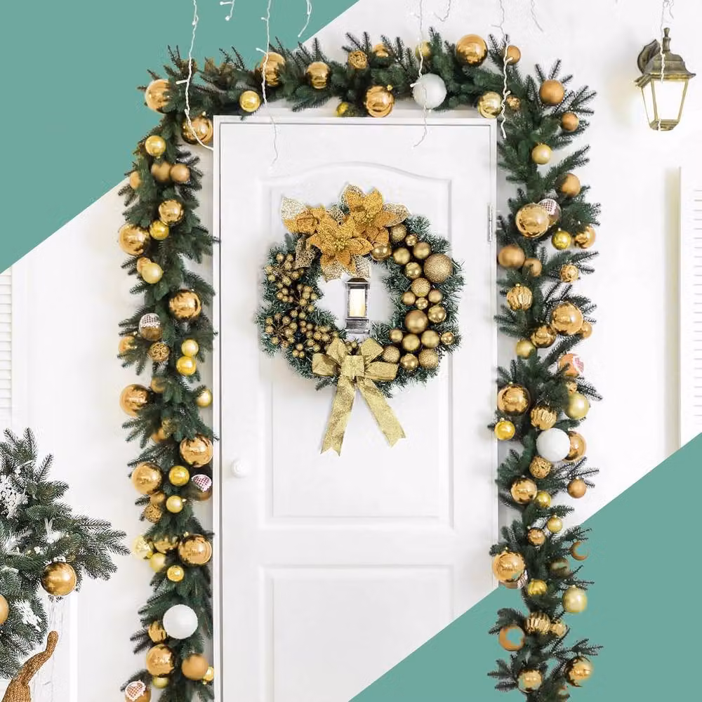 Globrite Yellow Christmas Wreath with Bows, Baubles and Lantern, Diameter: 40 cm – 4