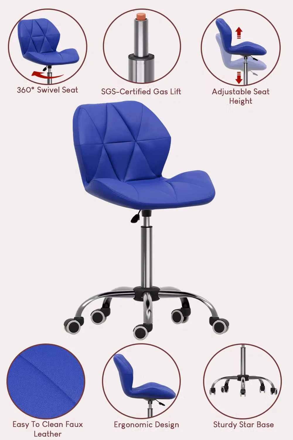 Vida Designs Geo Ergonomic Blue Fabric and Synthetic Leather Adjustable Swivel Chair with Armrests – 6