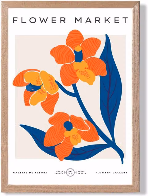 ARTZE Orange and Blue Wildflower Flower Market Exhibition Framed Print with Oak Frame, A2