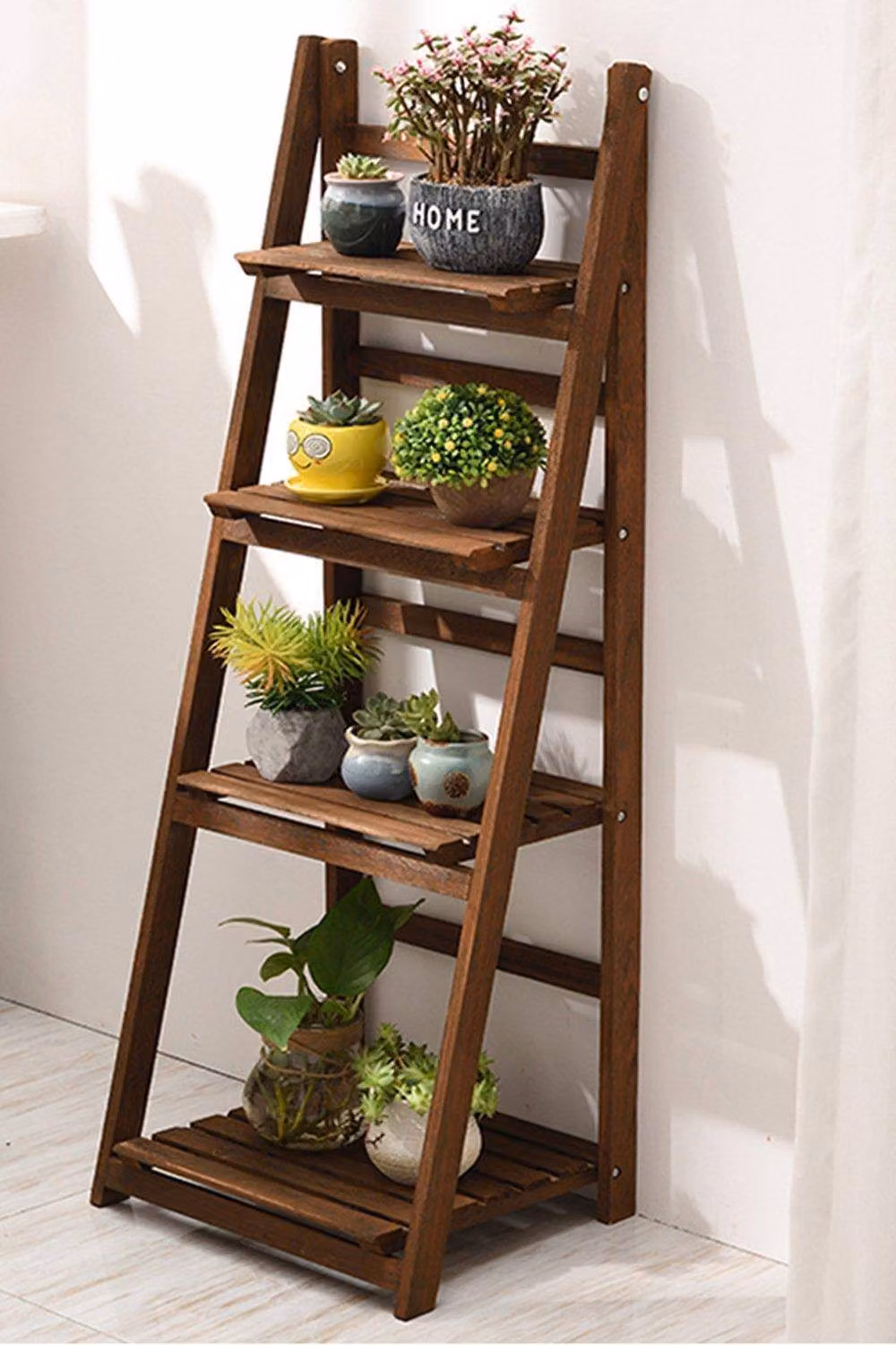H&O Direct 4 Layer Rustic Wooden Foldable Ladder Plant Shelf in Brown – 3