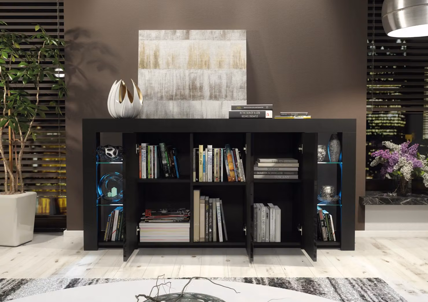 Mex Furniture LTD Modern Black Gloss Sideboard with LED Lighting, W: 164 cm, H: 83 cm, D: 35 cm – 5