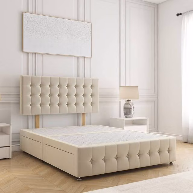 BSSPOKE Eva Plush Velvet Divan Bed Set with 24 inch Headboard and 4 Drawers in Cream, Double W/D/H: 140 x 200 cm