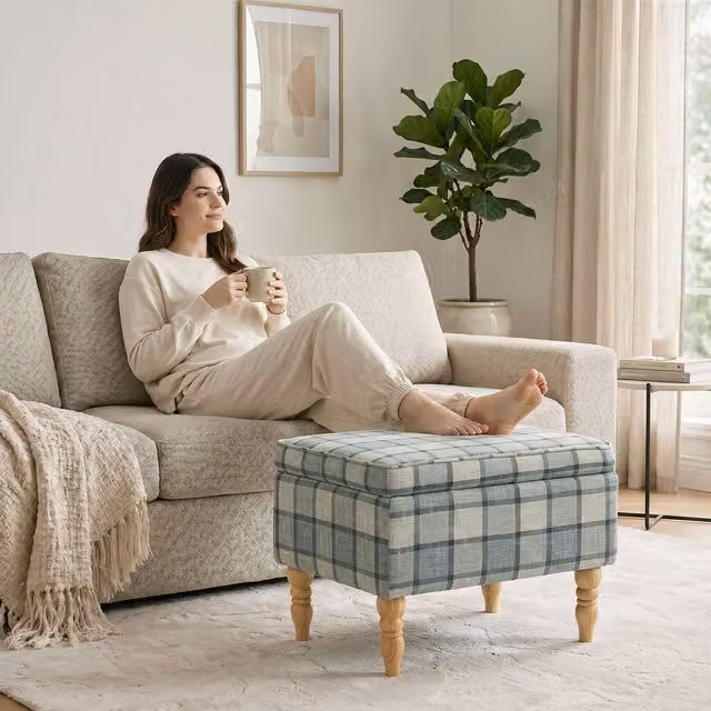 HOMCOM Grey Linen Fabric Upholstered Rectangular Footstool with Removable Cover