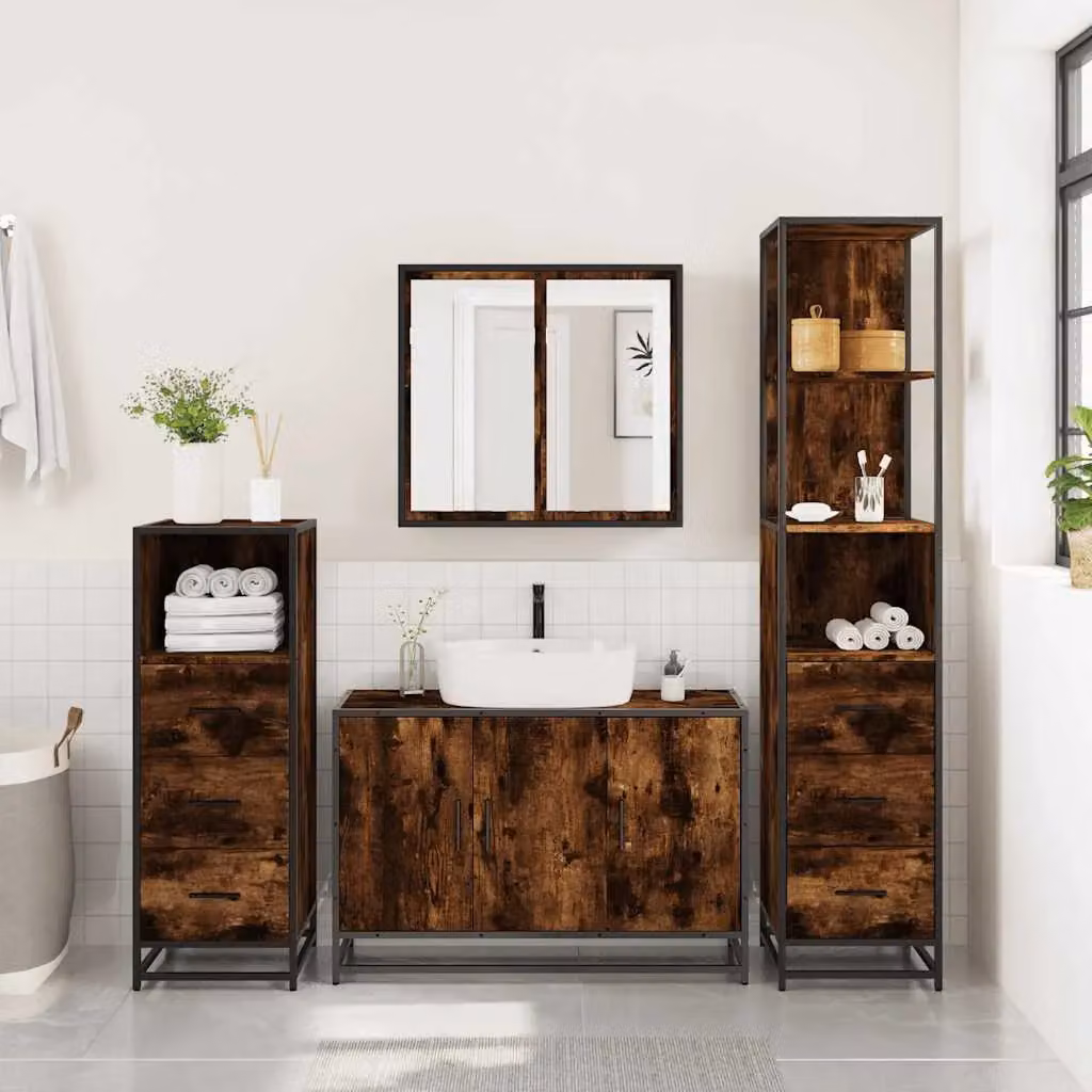 Berkfield Home 4-Piece Industrial Bathroom Furniture Set in Smoked Oak and Brown – 3