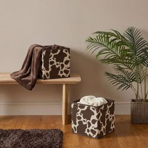 OHS Set of 2 Cow Print Collapsible Fabric Storage Boxes in Brown and White – 2