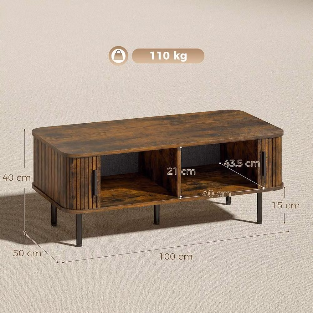 NESTLUNE Mid-Century Brown Wood Coffee Table with Storage and Sliding Doors, W: 100 cm, D: 15 cm, H: 15 cm – 2