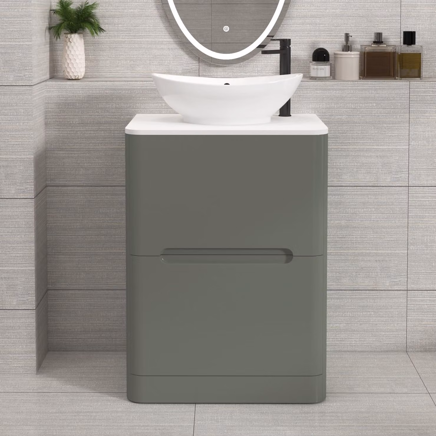Royal Bathrooms Venice 600mm Sage Green Floor Standing 2 Drawer Vanity Unit with Plain White Worktop and Amaze Basin