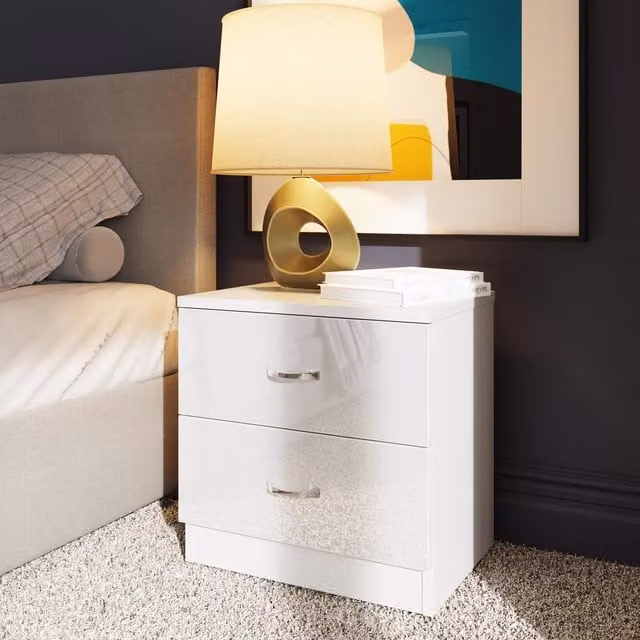 FWStyle Chilton 2 Drawer Bedside Table Chest in White Gloss, H 46 x W 45 x D 40 cm – 1