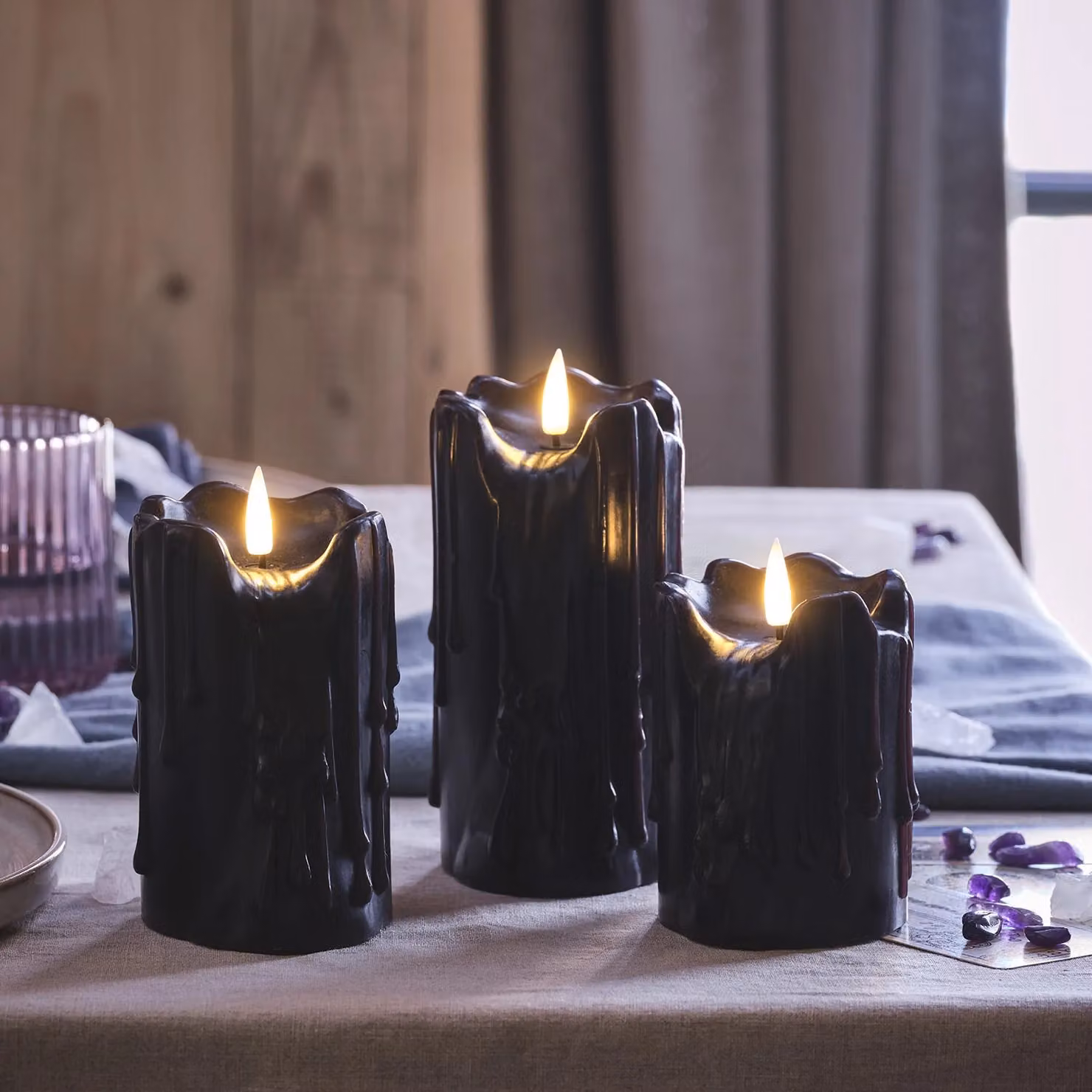 TruGlow Black Dripping Wax LED Pillar Candle Trio with Remote Control and Timer