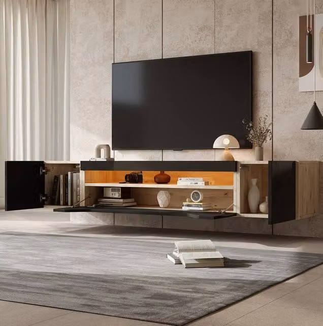 STILVORA Modern Wall-Mounted TV Stand with Integrated Lighting and Glossy Black Finish, W: 180 cm, H: 37 cm, D: 37 cm