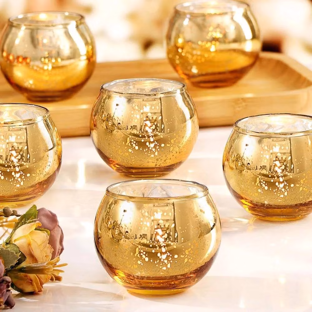 PAWNORA 6-Piece Gold Glass and Metal Abstract Round Tea Light Holders – 2