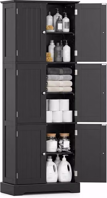 Costway Tall Freestanding Bathroom Storage Cabinet in Black with 6 Hinged Doors, W: 60 cm, D: 30 cm, H: 160 cm – 1