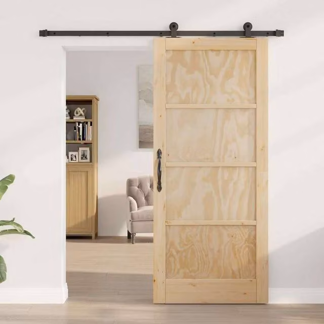 Berkfield Home Sliding Door with Hardware Set, Solid Pine, Beige, W: 86 cm, H: 198.5 cm