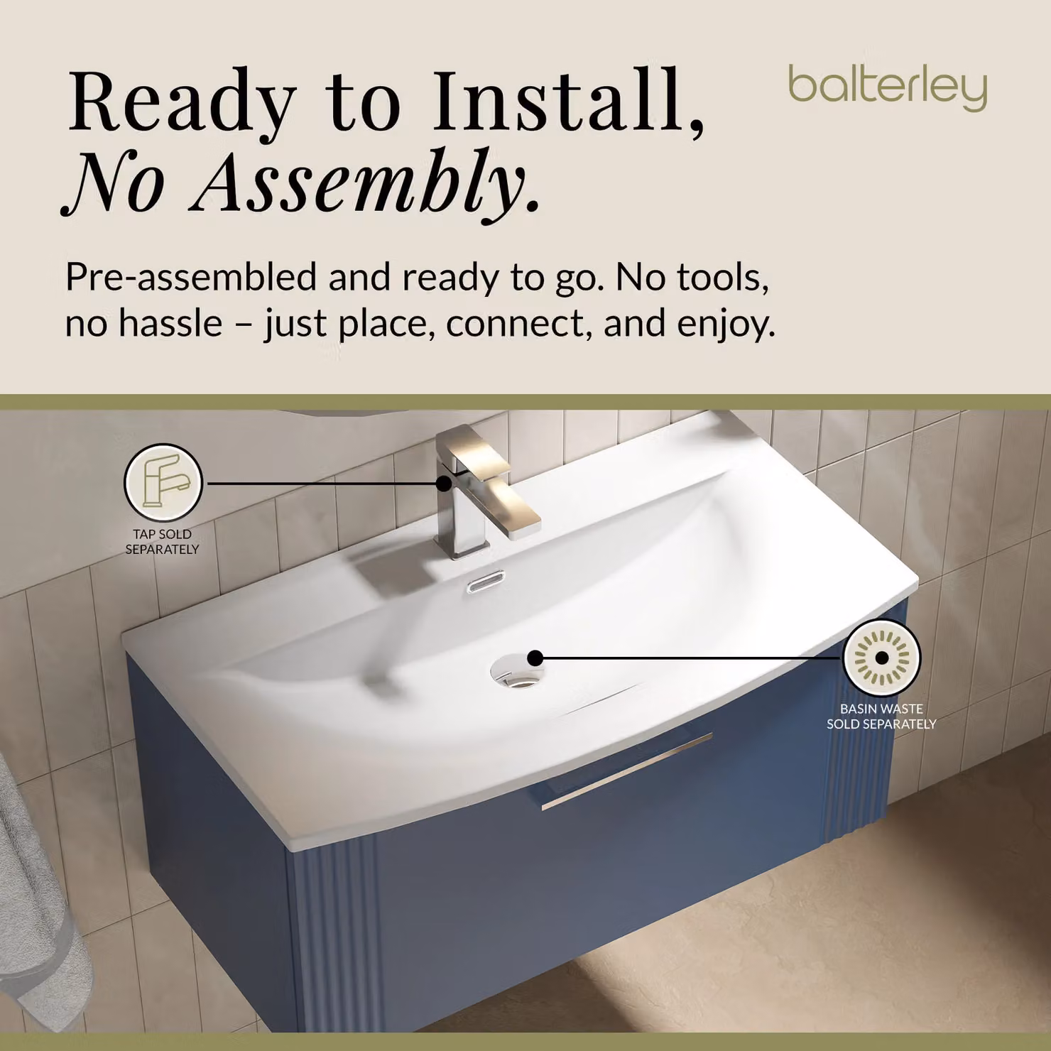 Balterley Wall Hung 1 Drawer Vanity Unit with Curved Basin, Satin Blue, Width: 80 cm – 4