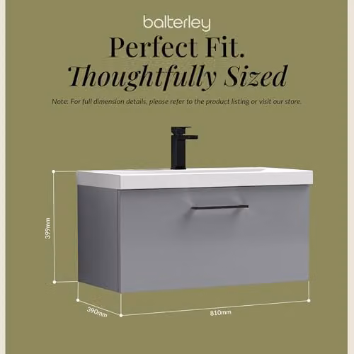 Balterley Wall Hung Single Drawer Vanity Unit with Basin and Black D Shape Handle, Grey, W: 81.0 cm, D: 39.0 cm, H: 39.9 cm – 2