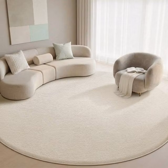 SPETLEK Milk Whit Round Fluffy Shaggy Rug in Beige, Diameter: 100 cm