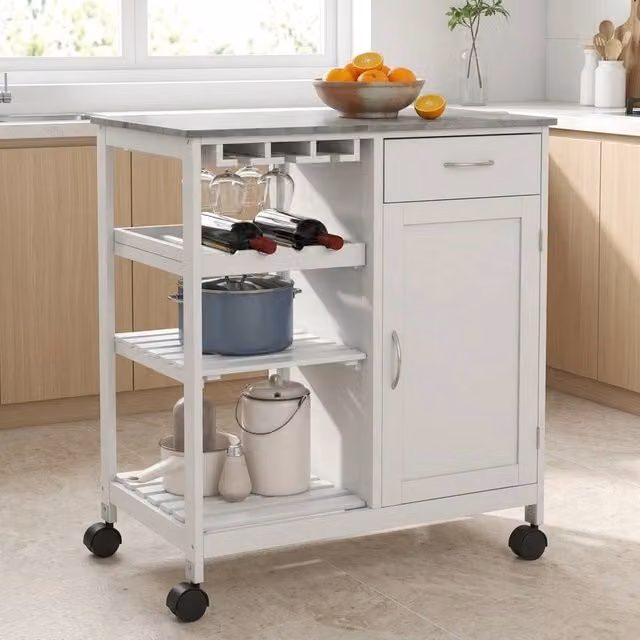 STILVORA Modern White Kitchen Trolley with Wine Rack and Drawer