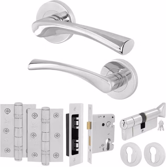 AFIT Chrome Door Handle Rose with Thumbturn Cylinder and Hinges, 2 Pack, Silver, W/D/H: 15 x 15 x 1.5 cm