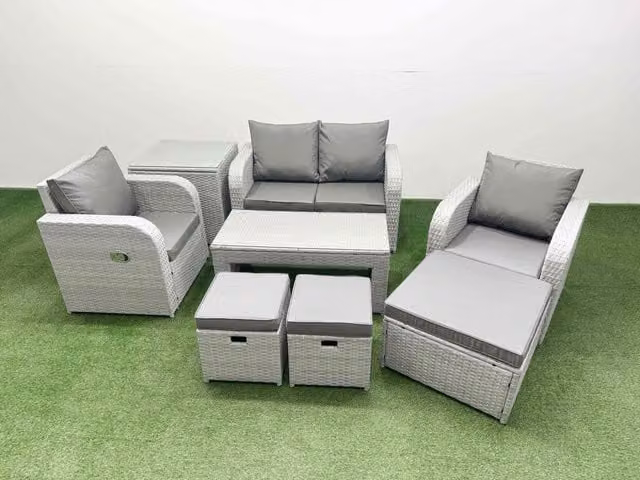 Fimous 7 Seater Grey PE Wicker Rattan Garden Furniture Set with Adjustable Reclining Chairs, Oblong Coffee Table and 3 Stools