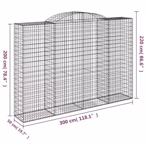 vidaXL Arched Gabion Baskets, 12 Piece Set, Silver Galvanised Steel, W: 300 cm, D: 50 cm, H: 200-220 cm