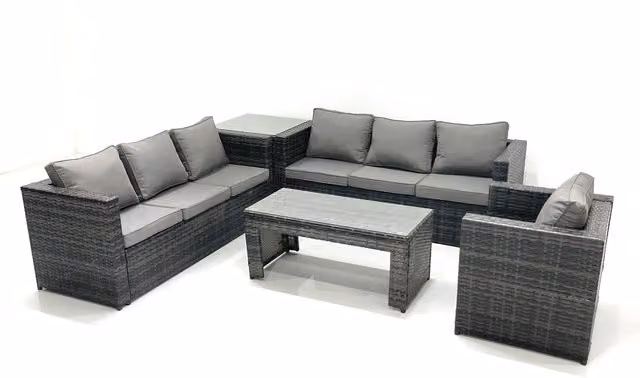 Fimous 7-Seater Rattan Garden Furniture Set in Grey with Coffee Table and Upholstered Cushions