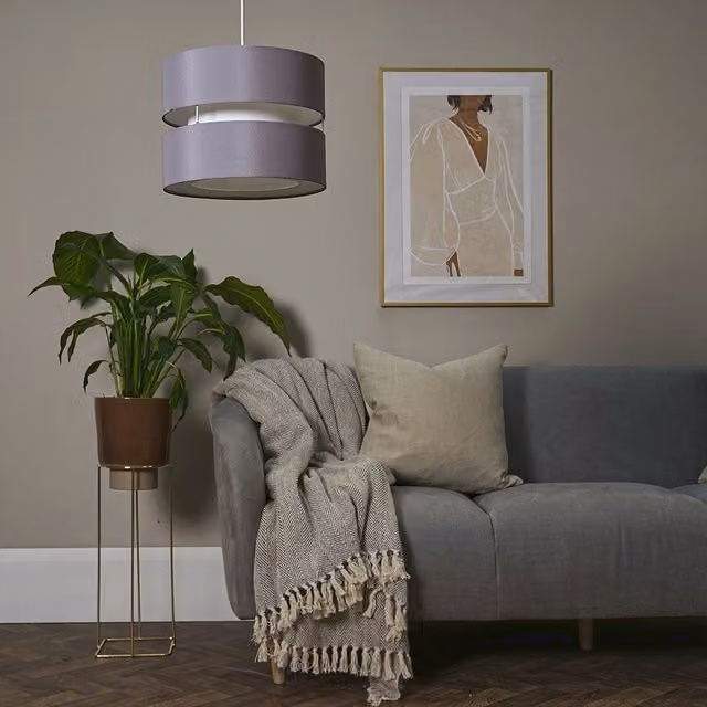 ValueLights Sophia Small 2 Tier Grey Fabric Cylinder Ceiling Light Shade with Bulb