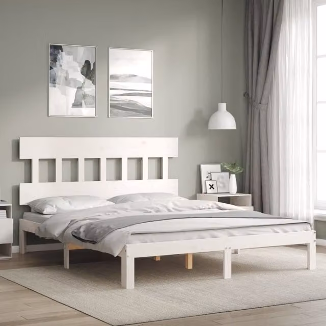 Berkfield Home Solid Wood Bed Frame with Headboard in White, 160 x 200 cm