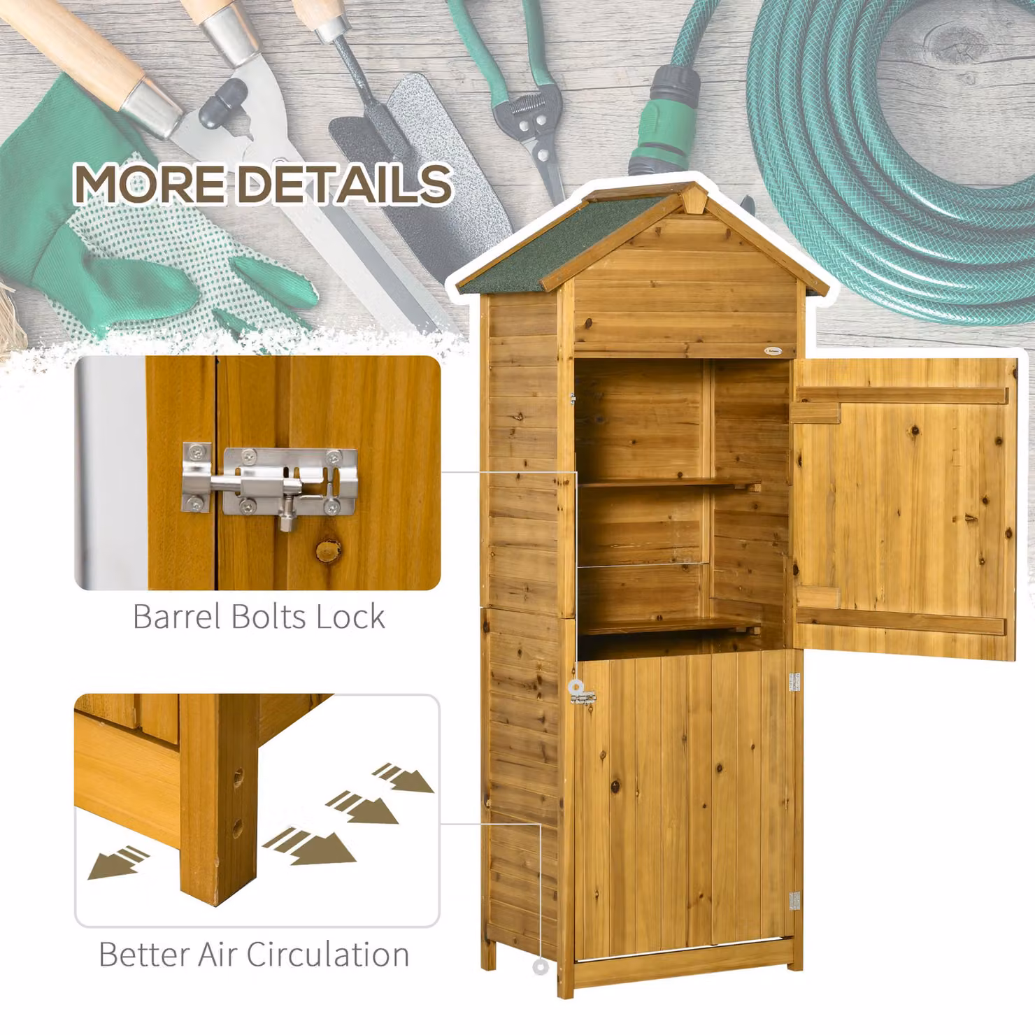 Outsunny Wooden Garden Storage Shed Utility Cabinet with 3 Shelves and Double Doors, Brown, H x W x D: 191.5 x 79 x 49 cm – 5