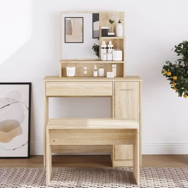 Berkfield Home Dressing Table with Mirror in Sonoma Oak Brown, W: 86.5 cm, D: 35 cm, H: 136 cm