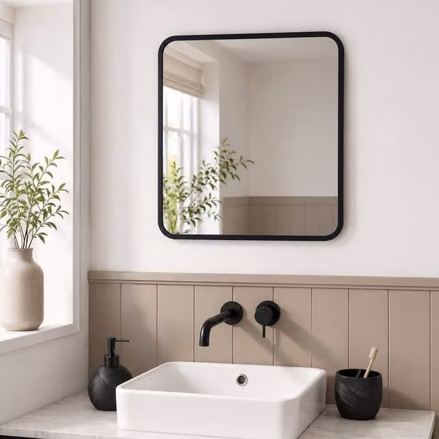 Showerdrape Shoreditch Modern Square Wall Mounted Metal Bathroom Mirror in Black, W/H: 40 x 40 cm