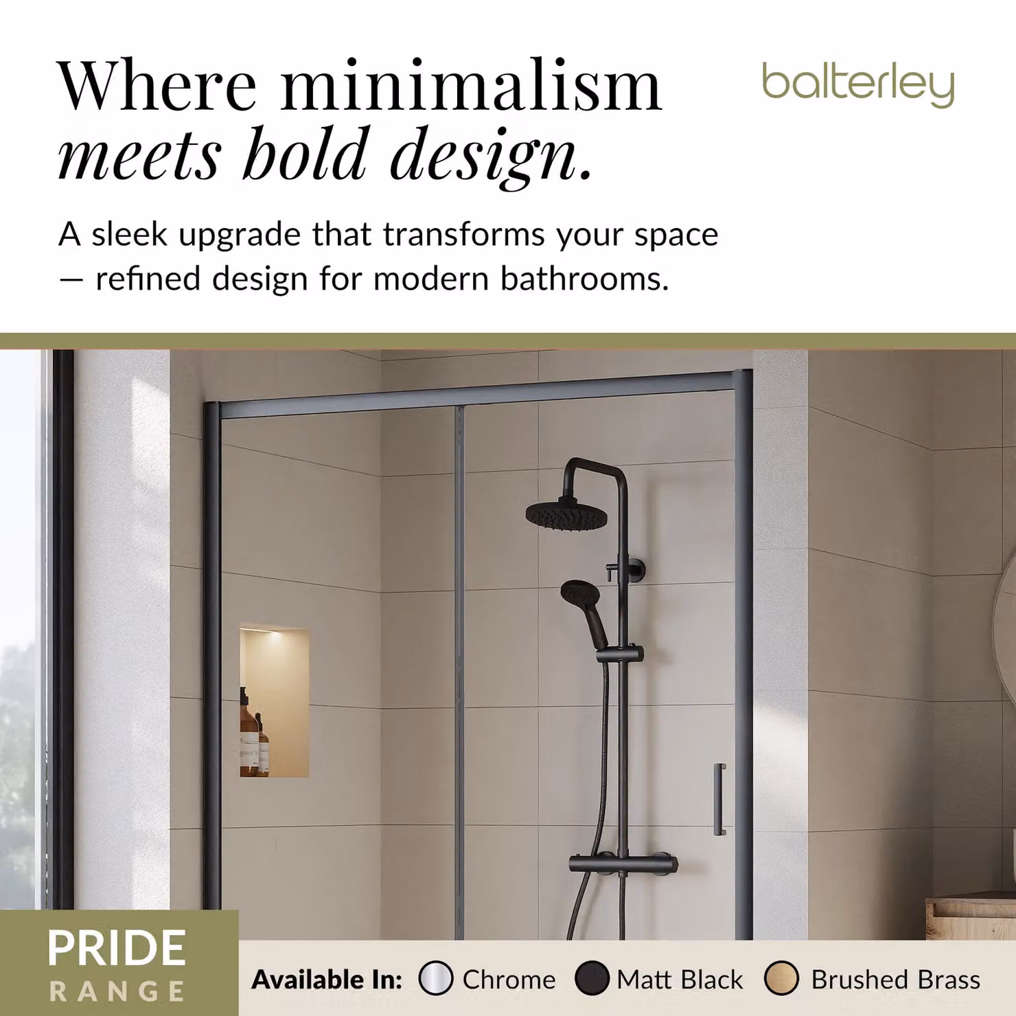 Balterley Pride Matt Black Exposed Round Shower Kit with Fixed Overhead Shower, Adjustable Handset and Thermostat – 5