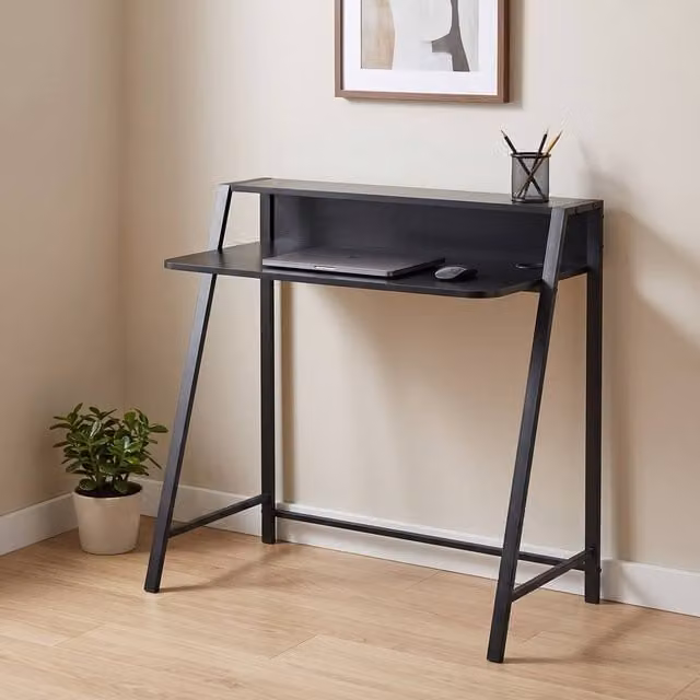 STILVORA Modern Writing Desk with Shelf and Metal Frame in Black – 1