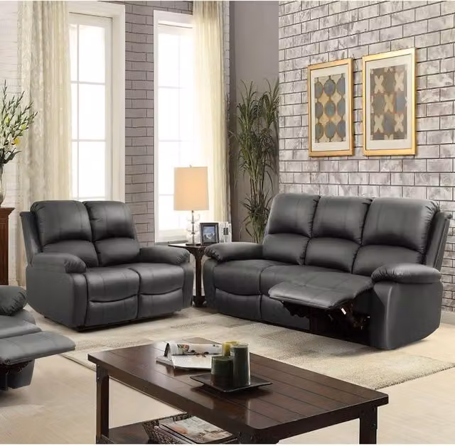 Comfy Living Modern PU Leather Reclining Sofa Set in Dark Grey, including 3 Seater and 2 Seater Sofas