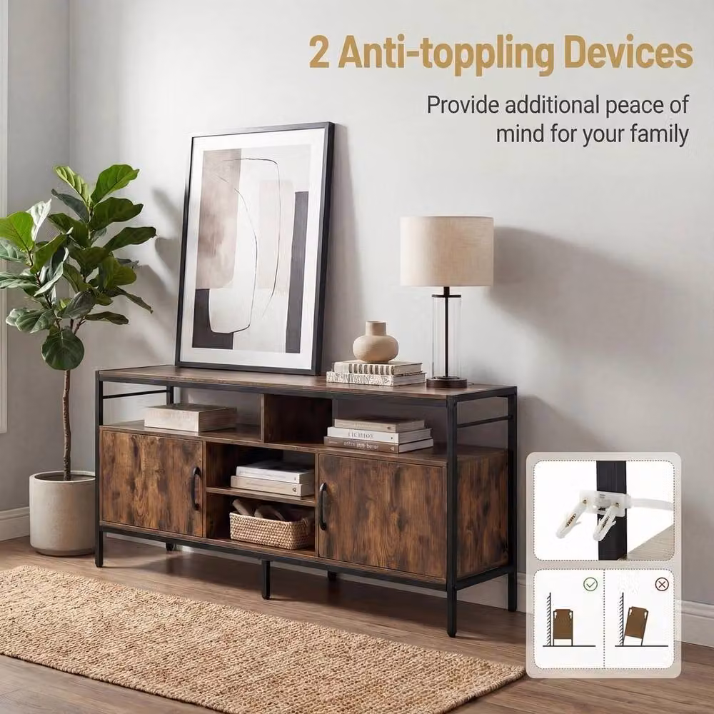 Havendro Brown Industrial TV Stand and Entertainment Centre for up to 147cm TVs with 2 Storage Cabinets – 4