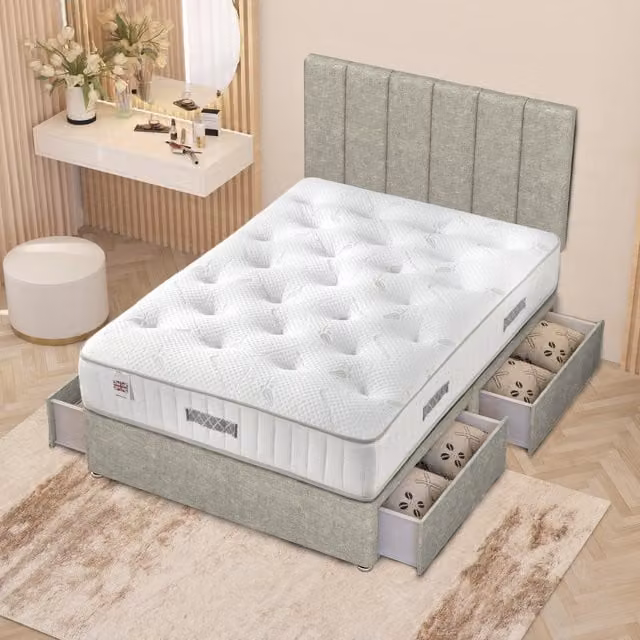 Somnior Beds Ltd Austin Linen Fabric Storage Divan Bed with Hybrid Orthopaedic Mattress and 4 Drawers, W/D/H: 180 x 200 cm, Green/Yellow
