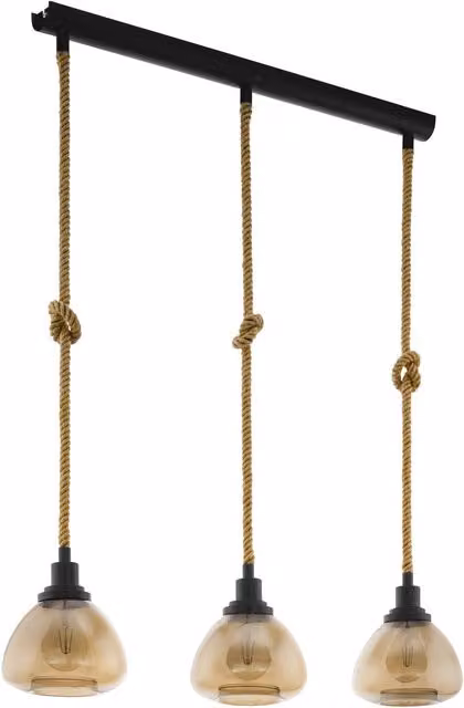 Loops Industrial 3-Bulb Hanging Ceiling Pendant Light with Amber Glass and Black Metal Details