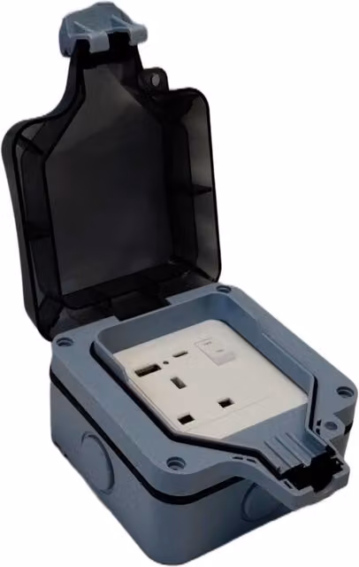 Securlec IP66 Weatherproof Outdoor Single 1 Gang Switched Socket with USB Port in Grey and Black