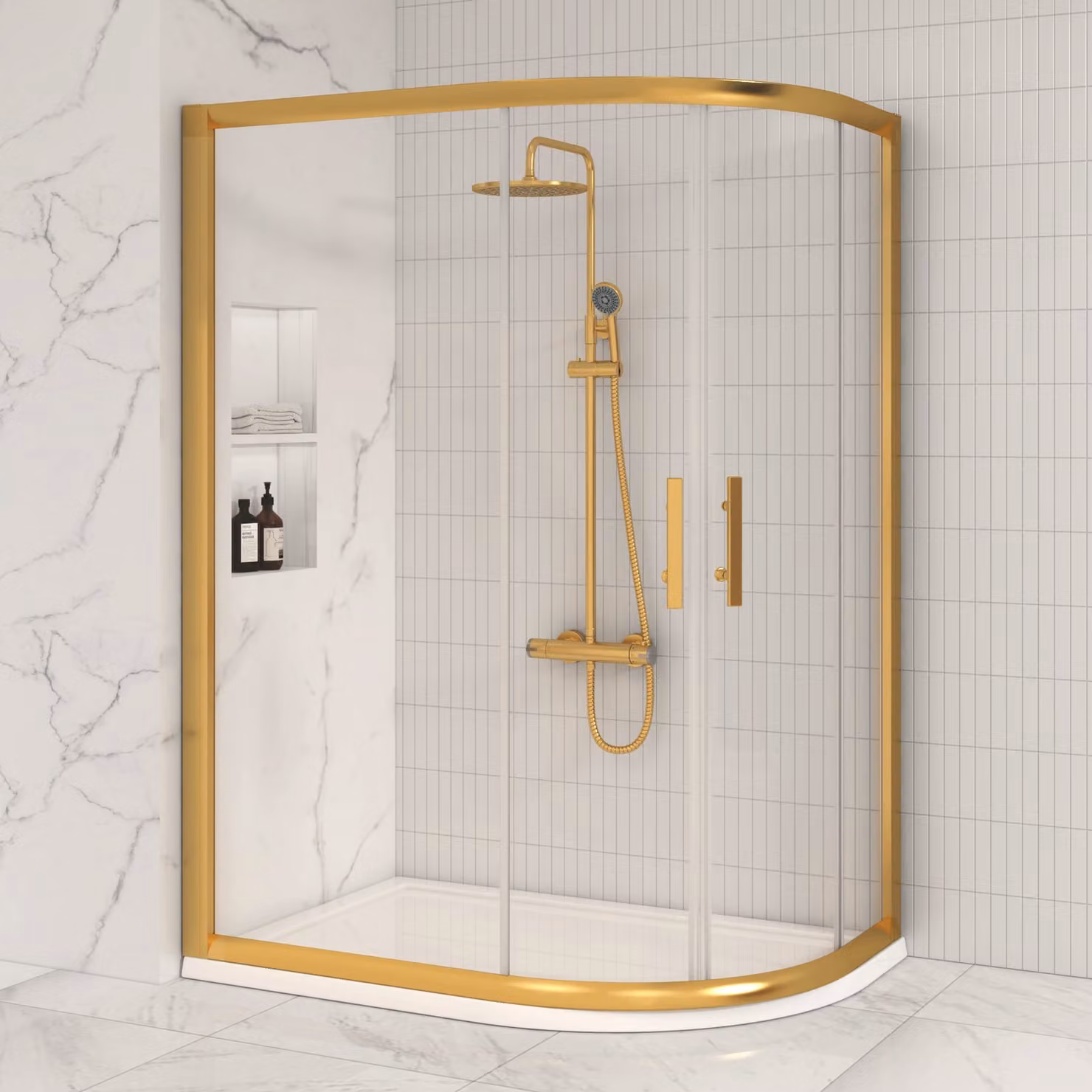 Royal Bathrooms Venice Reversible Offset Quadrant Shower Enclosure with 6mm Glass in Gold/Brushed Brass, W: 100 cm x D: 80 cm