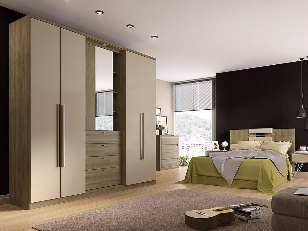 Vente-unique Modern 4-Door Wardrobe with Internal Drawers, Mirror and LED Lighting in Light Oak and White, W: 240 cm, H: 231 cm, D: 53.8 cm – 3