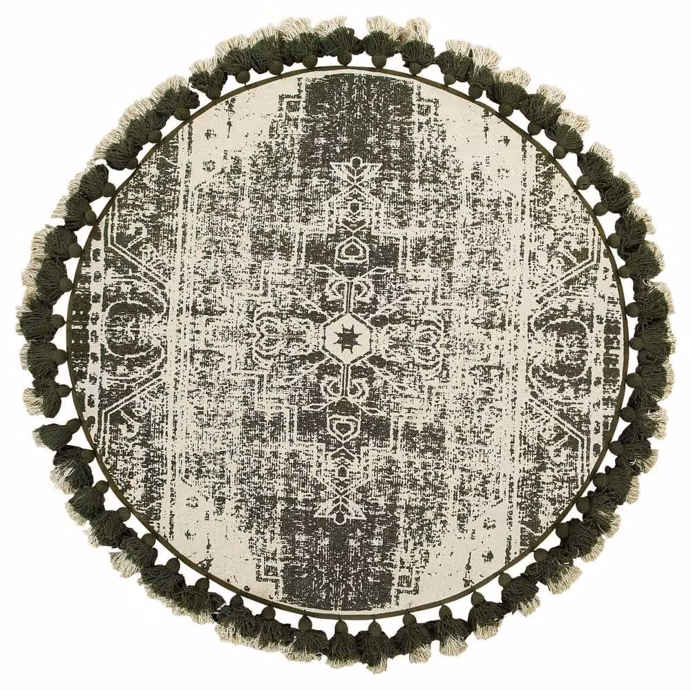 Wyld and Coco Round Cotton Oriental Woven Rug in Green and Beige, Diameter: 120 cm – 2