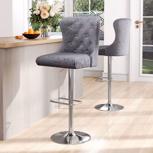 Livingandhome Set of 2 Grey Velvet Adjustable Bar Stools with Button Back